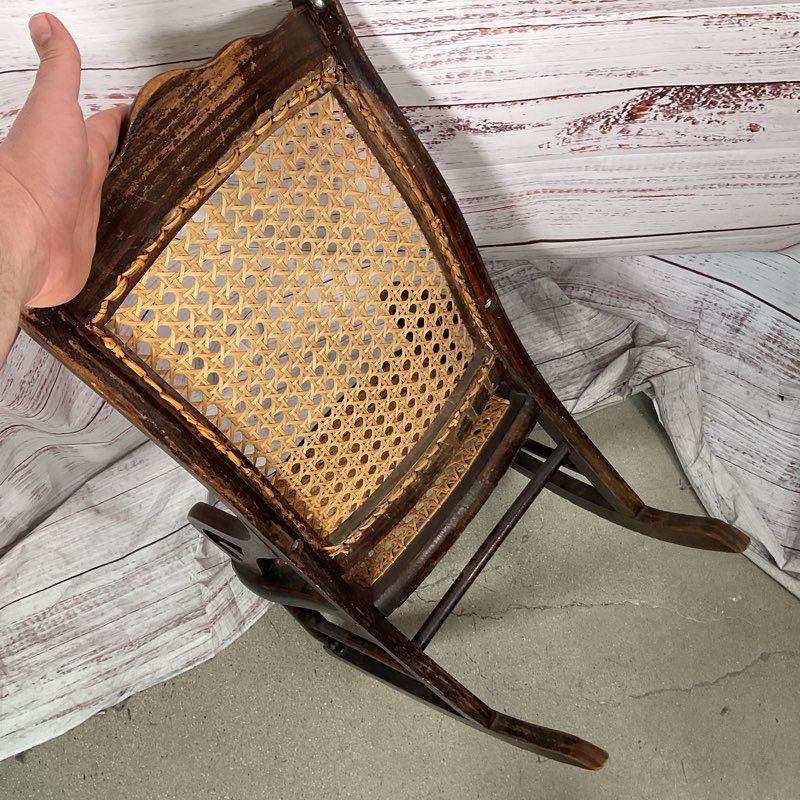 Antique Wood & Rattan Cane Hand Painted Floral Children's Rocking Chair 27"