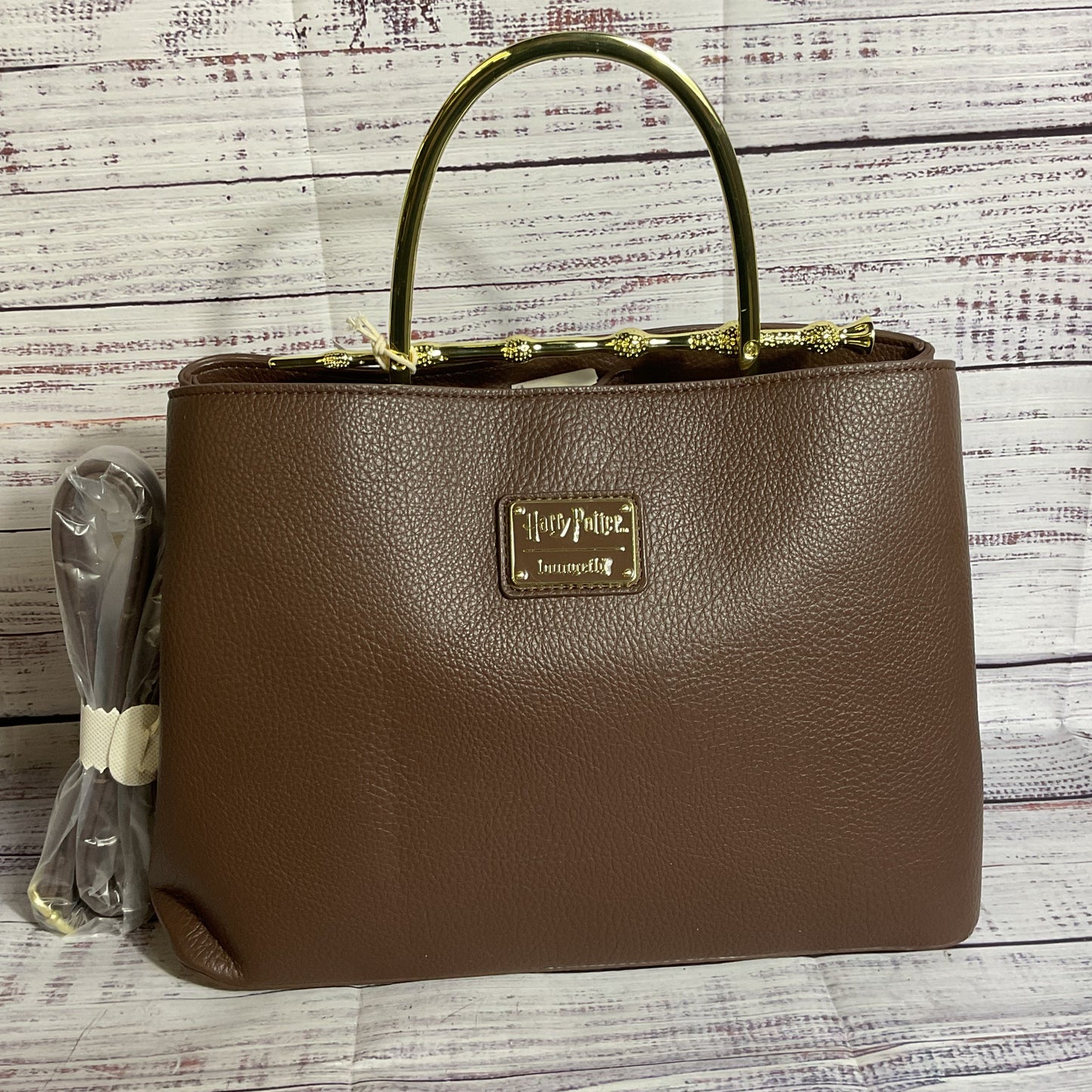 NWT LOUNGEFLY Harry Potter Deathfly Hallowe Brown Purse with Gold Elder Wand