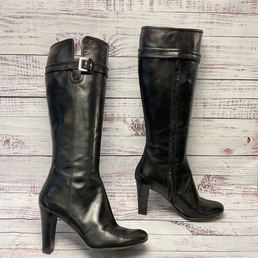 Hugo Boss Black Leather Side Zip Knee High Tall Boot Heel Women 6.5