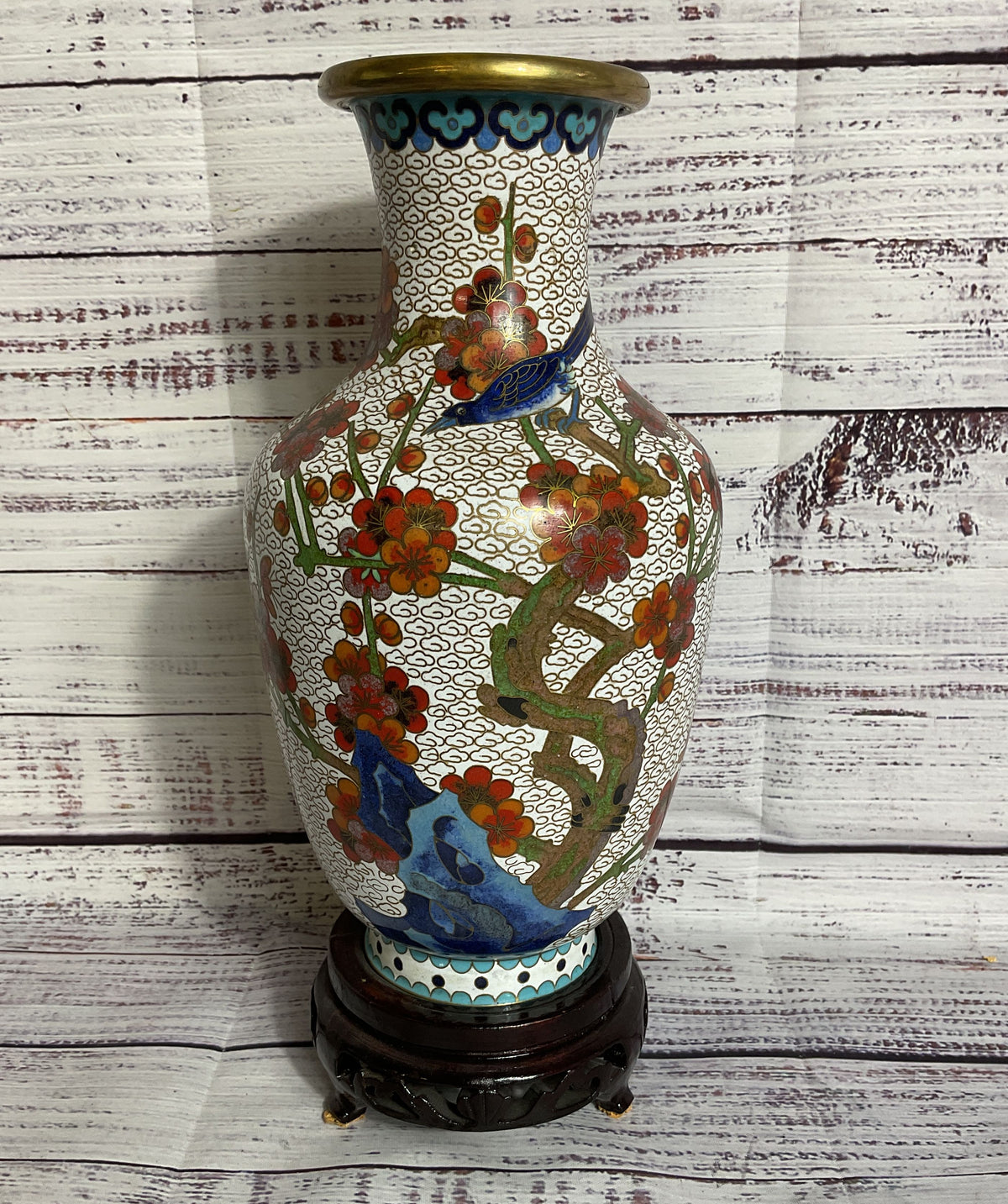 VTG. Chinese Floral Cloisonne Enamel Brass Vase with Wood Stand- 9.5"