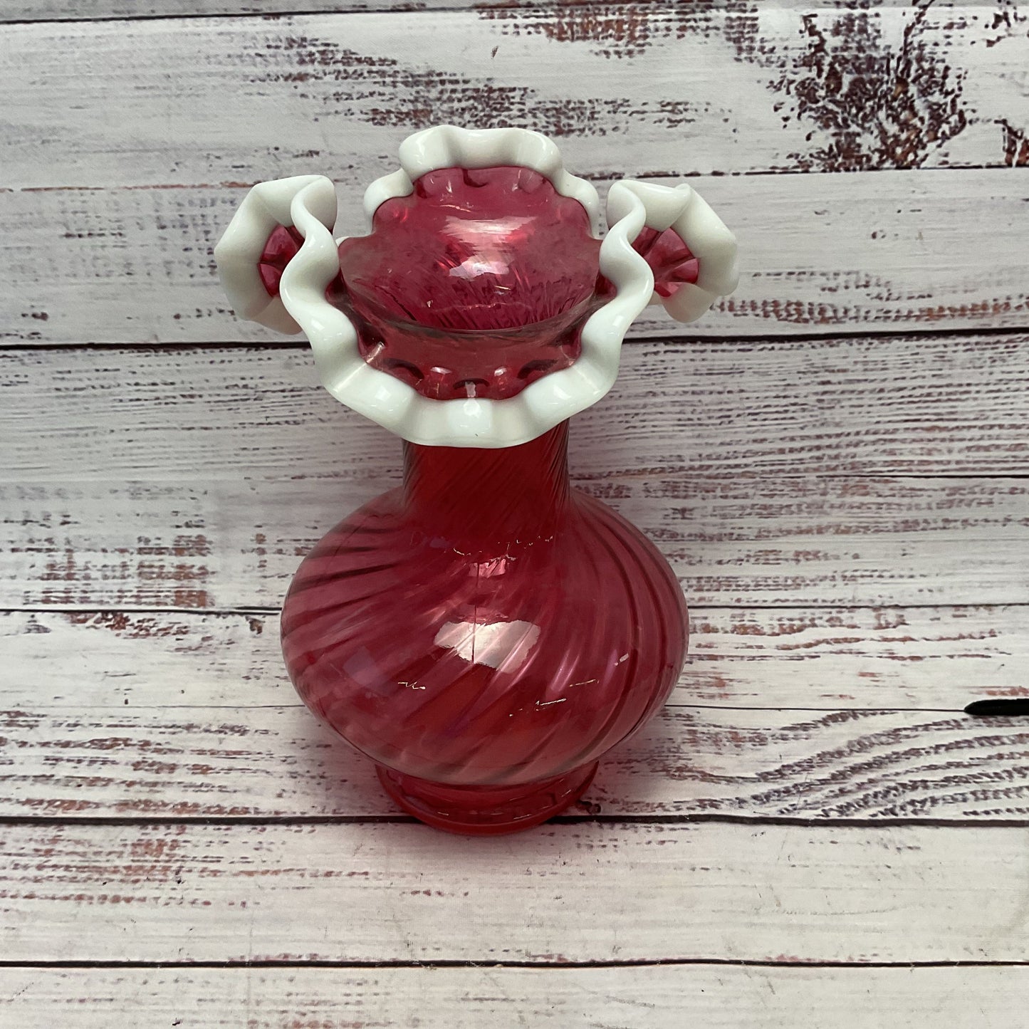Fenton Pink Ruby Red Clear Swirl White Milk Glass Ruffled Rim 7.5" Vase
