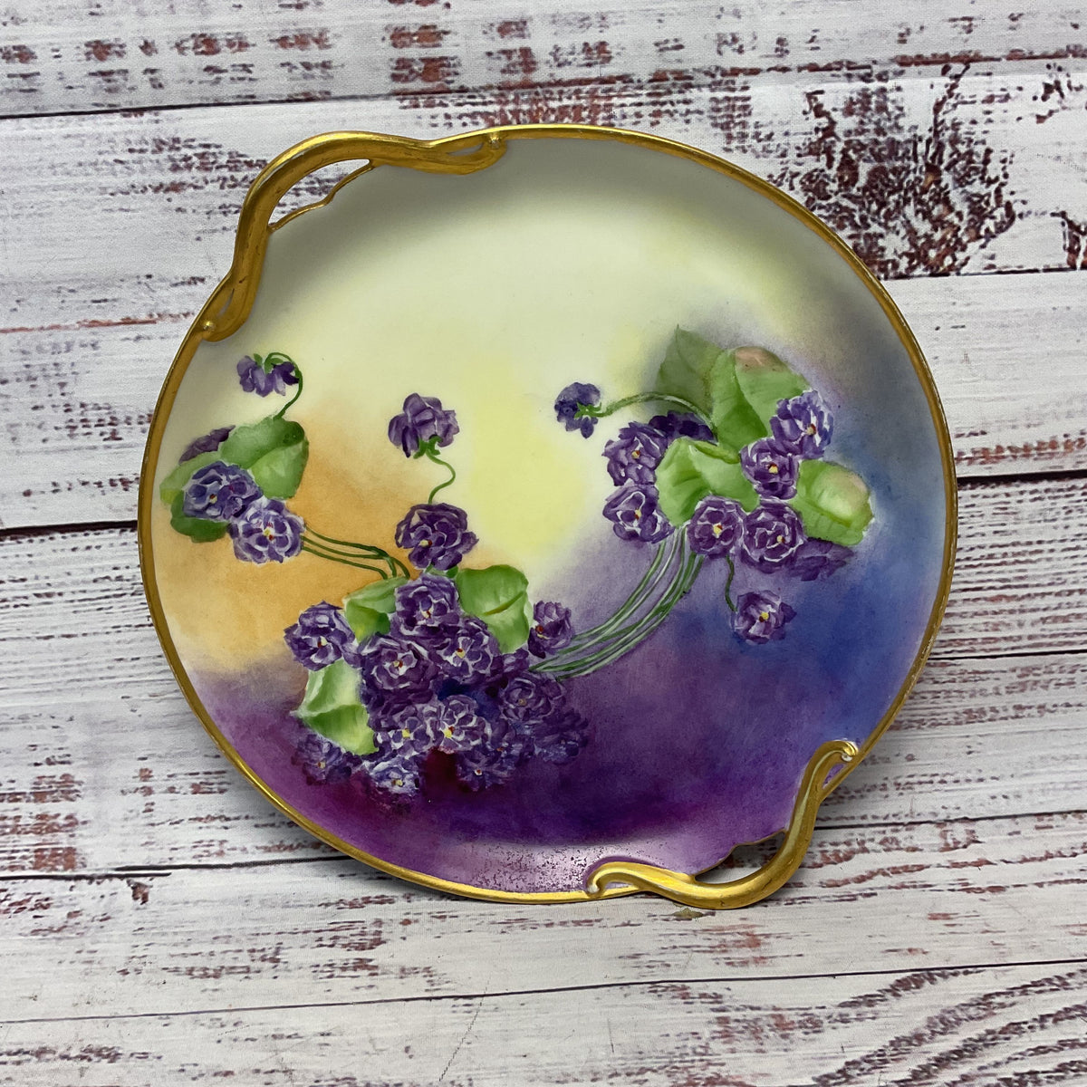 GDA Limoges France Porcelain Purple Hand Painted Flowers Gilded Handled Plate