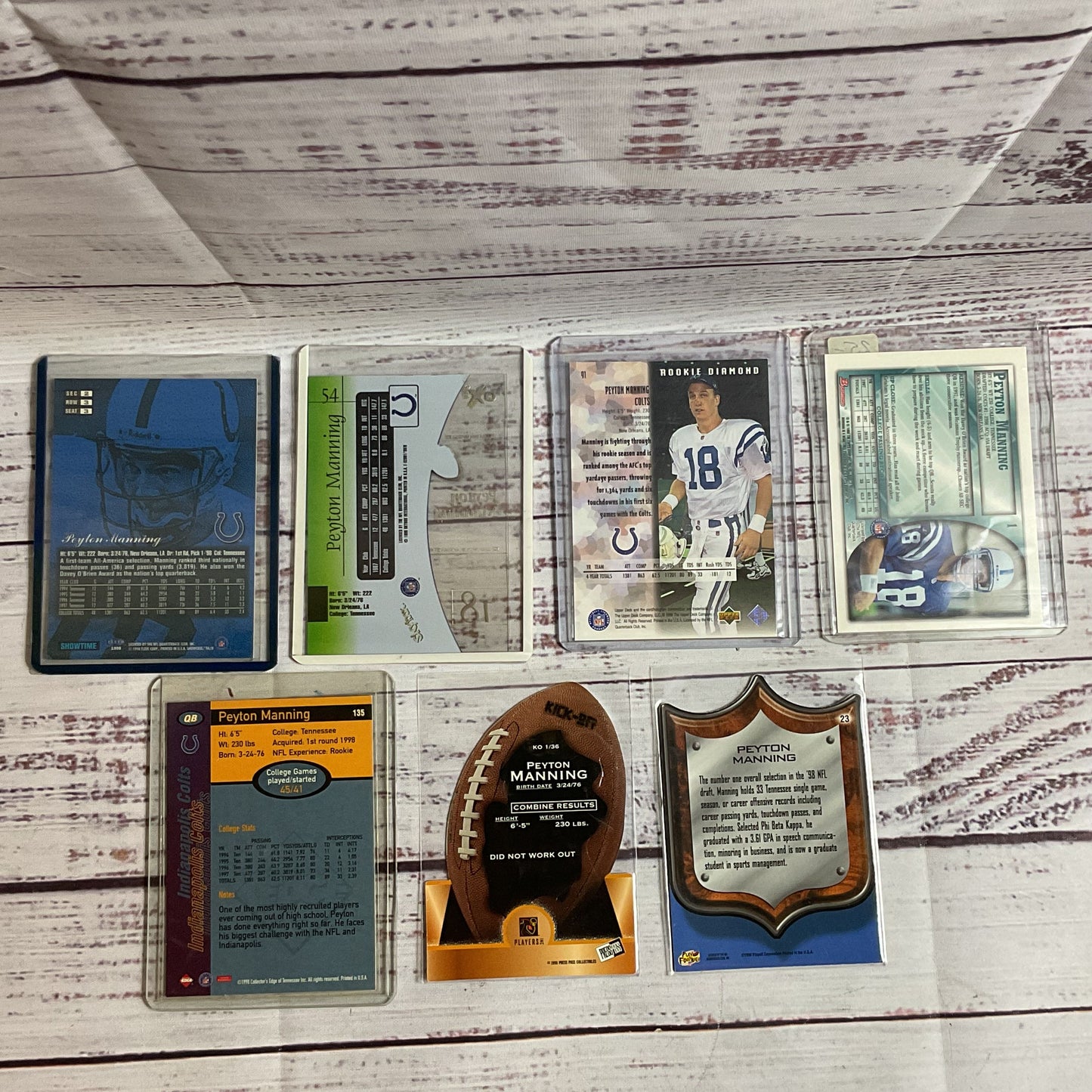 Set of 7 PEYTON MANNING Rookie Cards- Fleer, Skybox, Upper Deck, Bowman, Playoff