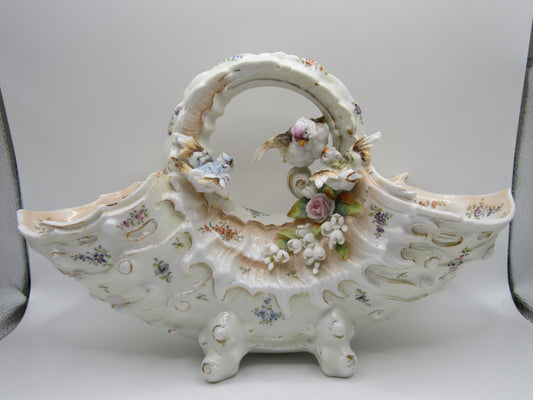 Antique Volkstedt Porcelain Conch Bird Motif Basket Made in Thuringia, Germany