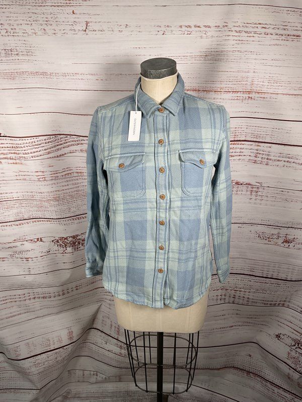 NWT Outerknown Women's Blue Plaid Blanket Flannel Button Up Long Sleeve Size S