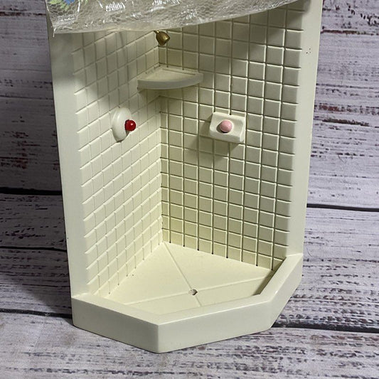 Vintage 6" Wooden Dollhouse Corner Shower Cubicle W/ Floral Lace Curtain