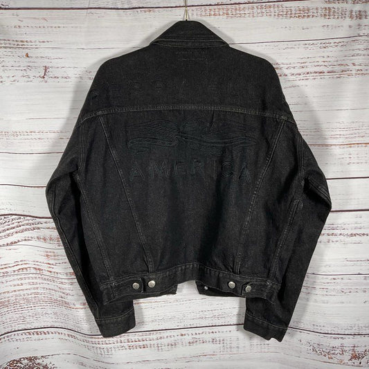 America by Perry Ellis Black on Black Embroidered Back Logo Denim Jacket Size M