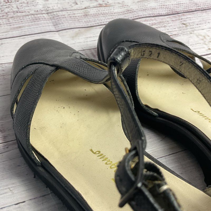 Salvatore Ferragamo Black Pebbled Leather T Strap Low Wedge Sandal Women's 7