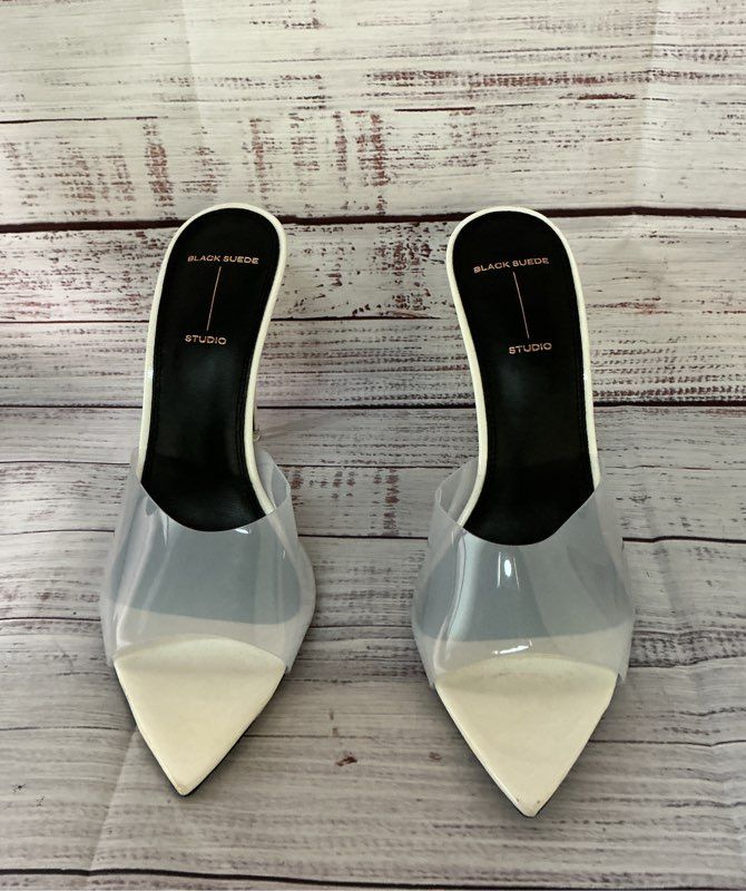 Women's Black Suede Studio Ivory Mules w/clear strap Size 6.5 US 6 Retail $348