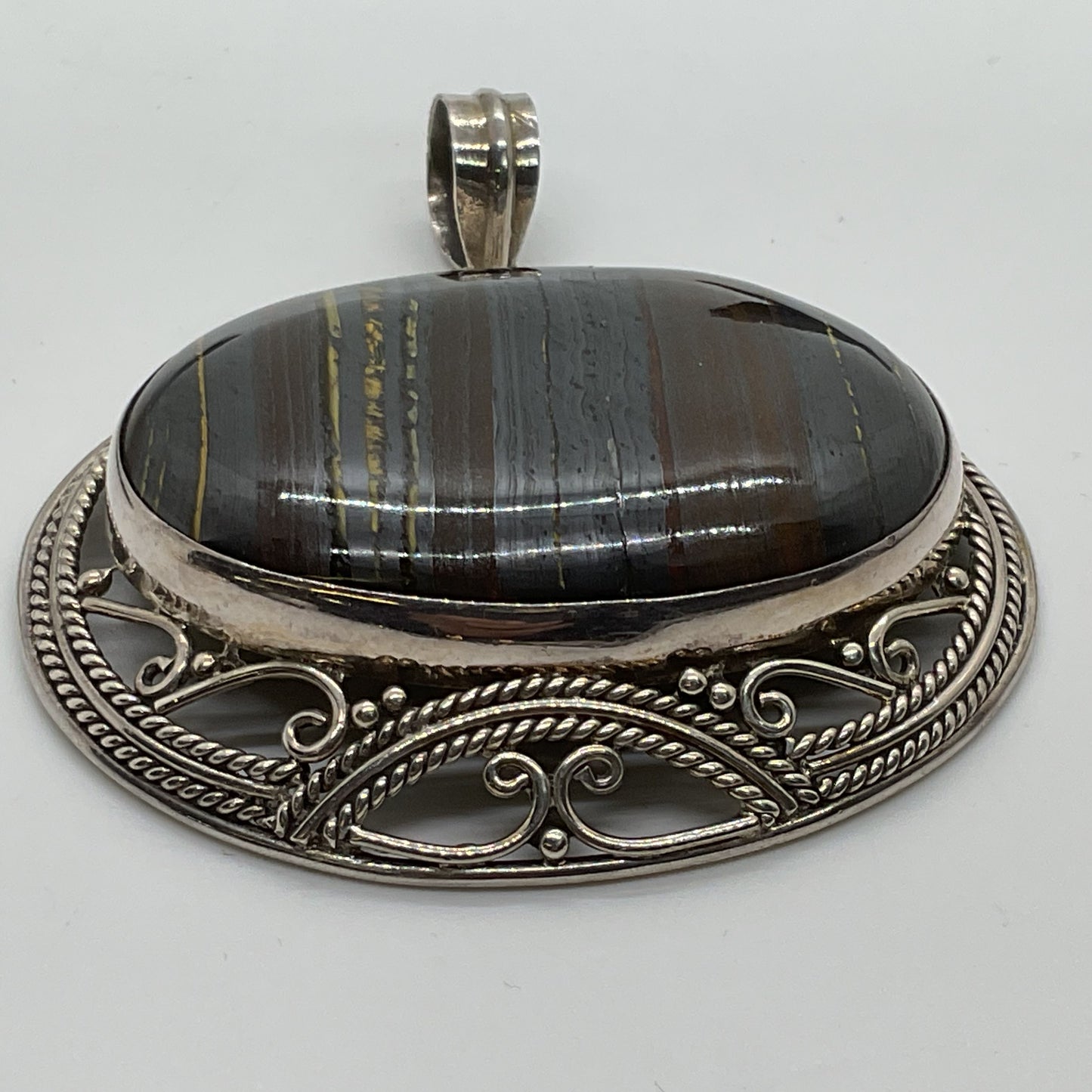 Sterling Silver 45mm Iron Tiger's Eye 2.5" Pendant- 47.74g