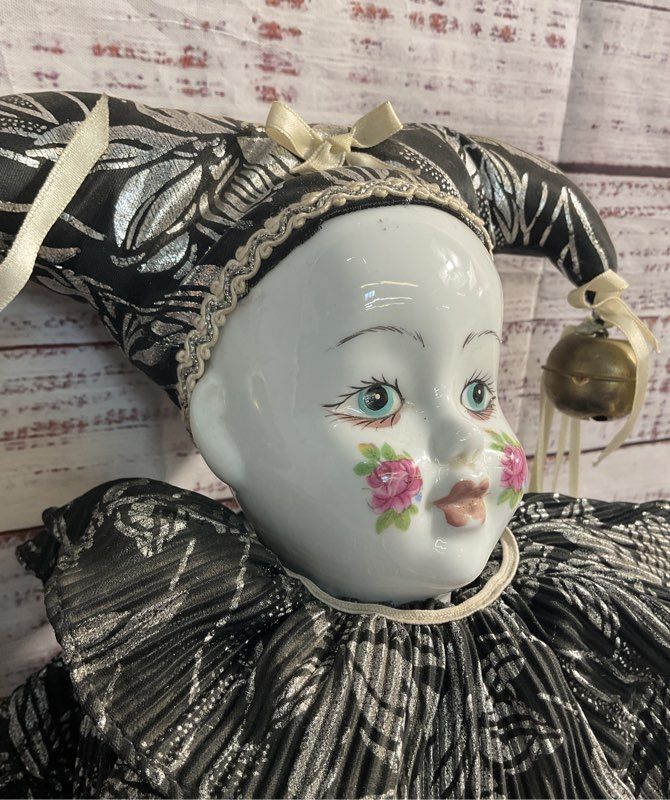 Vintage Porcelain Clown Doll Harlequin Floral Cheeks Black Silver Attire 17"