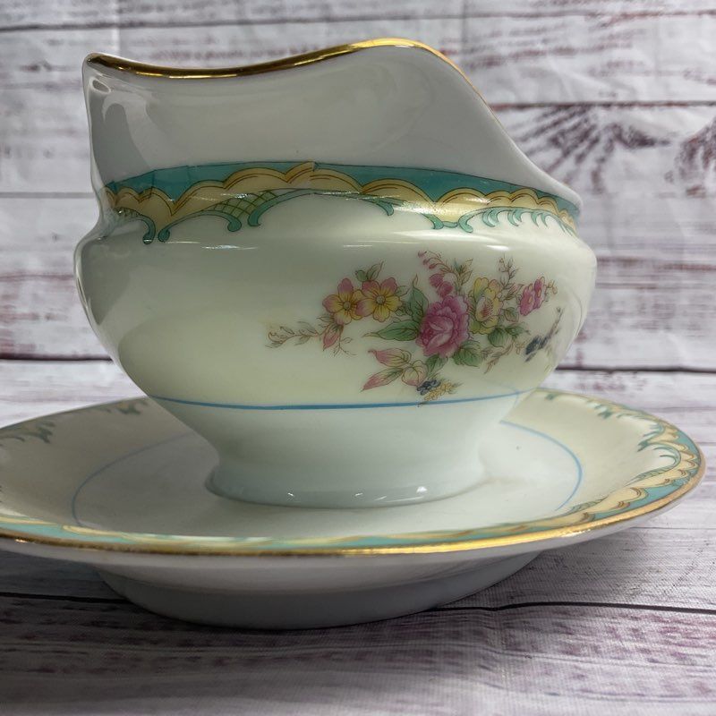 Noritake Ingram 7.5" Floral Gold Trim Porcelain Gravy Boat W/ Underplate