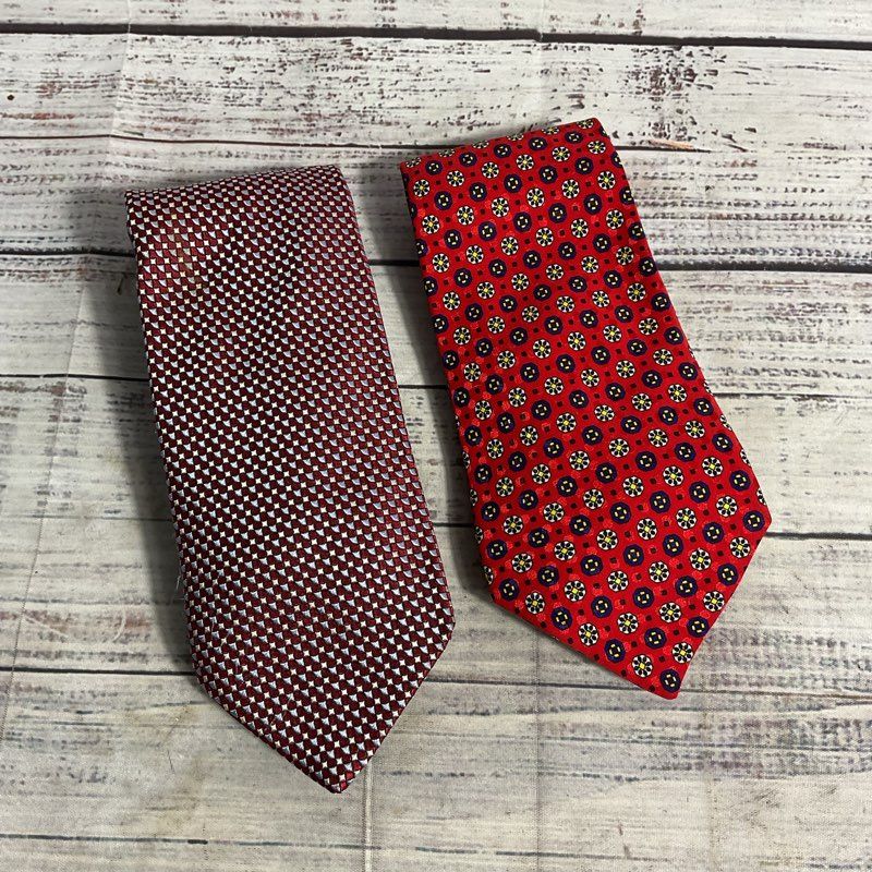 Hugo Boss & Fred Hayman Beverly Hills 2 pc. Lot Red Geometric Pattern Silk Ties