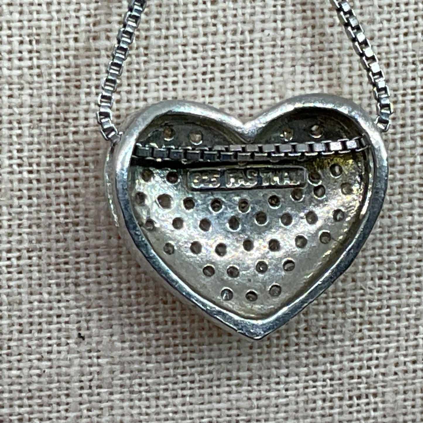 FAS Sterling & Pave Rhinestone Heart Pendant 17.5" Box Chain Necklace- 4.34g