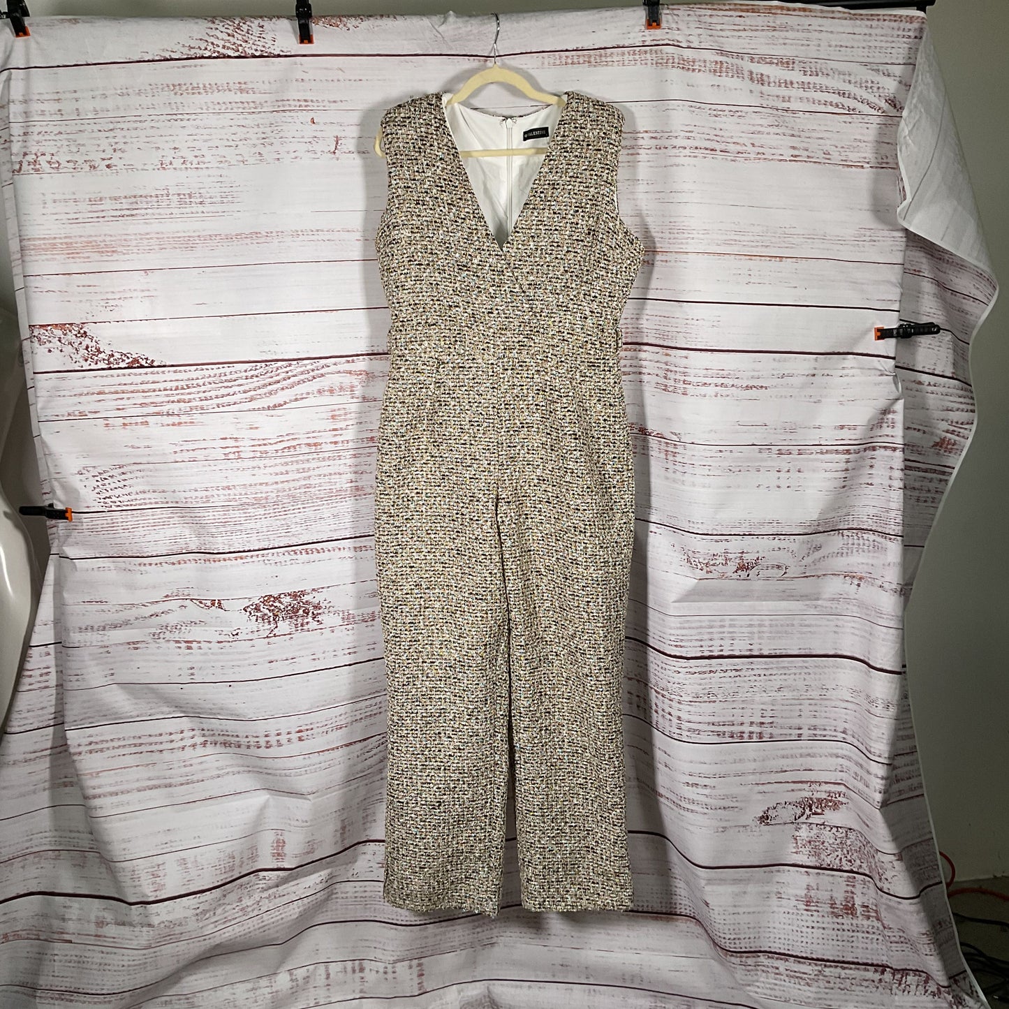 Valentine Brand V Neck Multi Material Tweed Sleeveless Jumpsuit - Size L