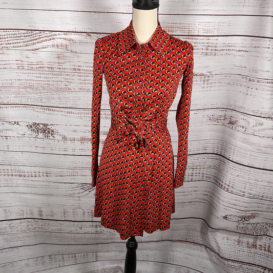 Diane Von Furstenberg Silk Cotton Red Button Up Shirt Wrap Dress - Size XXS