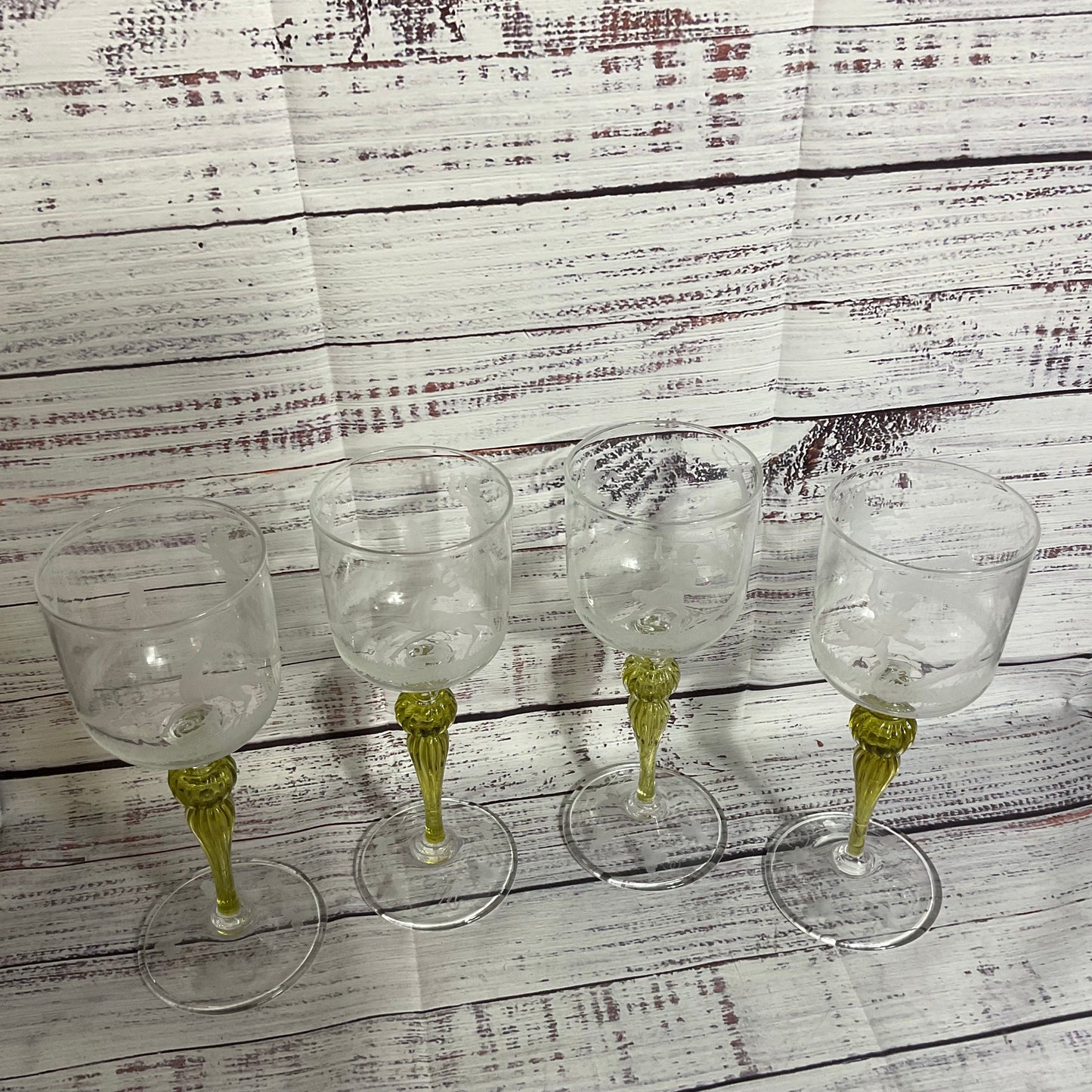 Set of 4 VTG./ANTIQUE SALVIATI Italy Murano Long Stem Etched Wine Glassware- 8"