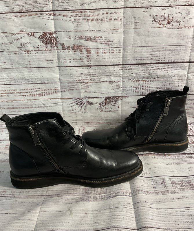 John Varvatos Black Leather Brooklyn Lug Ankle Boots Size 12 M