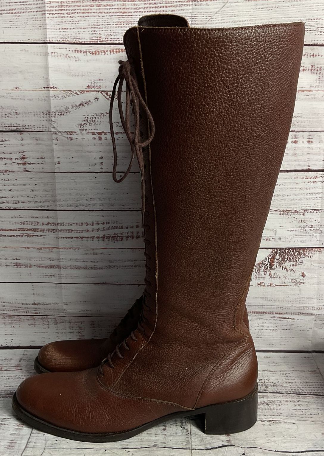 Jil Sander Leather Lace Up Knee High Boots Brown 39