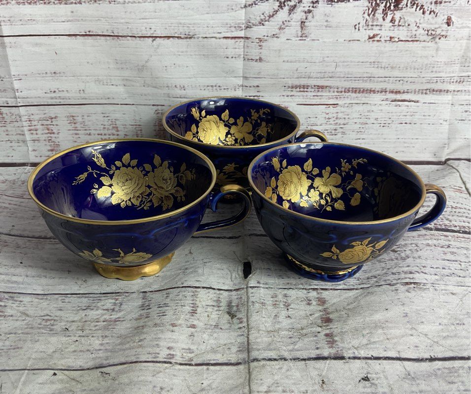 Bareuther Waldsassen Echt Vintage 22K Gold Germany Set of 3 Teacups Cobalt