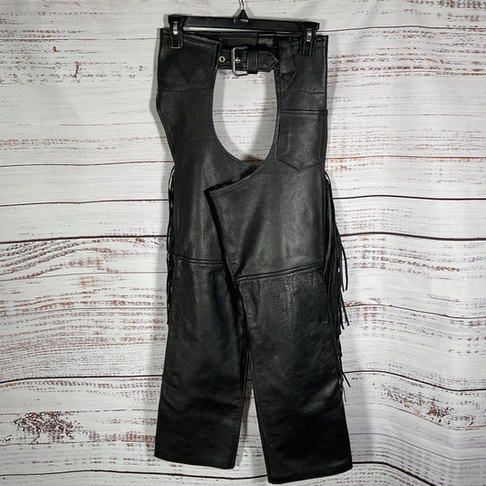 VTG. Route 66 Black Leather Tasseled Motorcycle Chaps Pants - Size XS