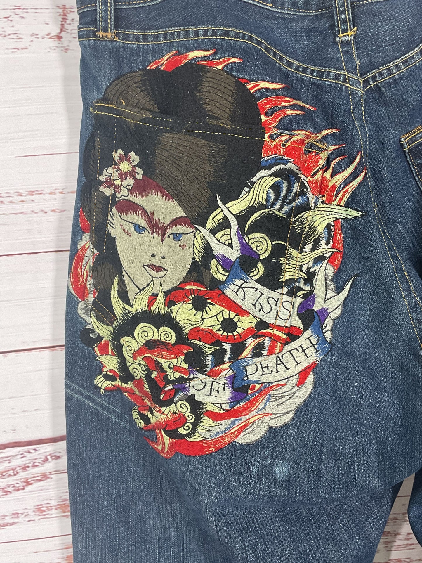 2009 Ed Hardy Kiss of Death Embroidered Blue Jeans - Size 40