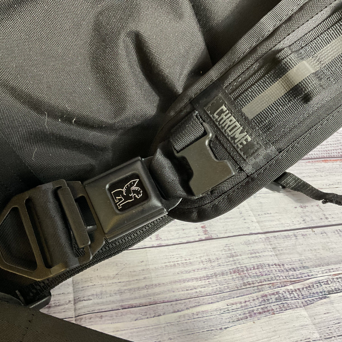 CHROME Black & Glitter Messenger Bag Seatbelt Buckle Waterproof Nylon Bag
