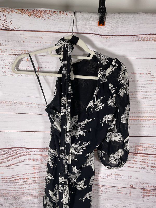 REFORMATION Freeport One Shoulder Slit Midi Dress - Black Safari Print Size 4