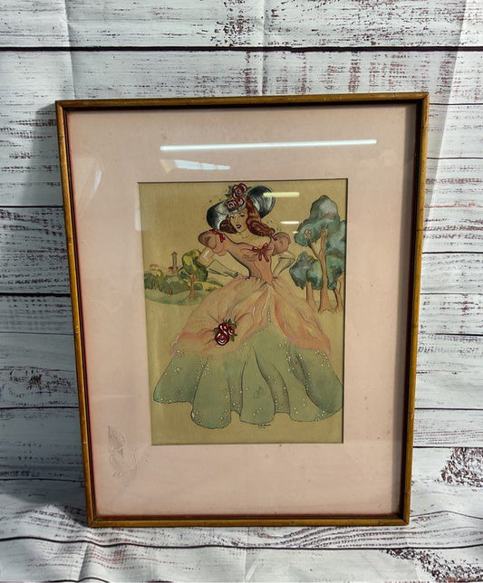 Vintage 1944 Watercolor Artwork of Women in Ballgown Signed