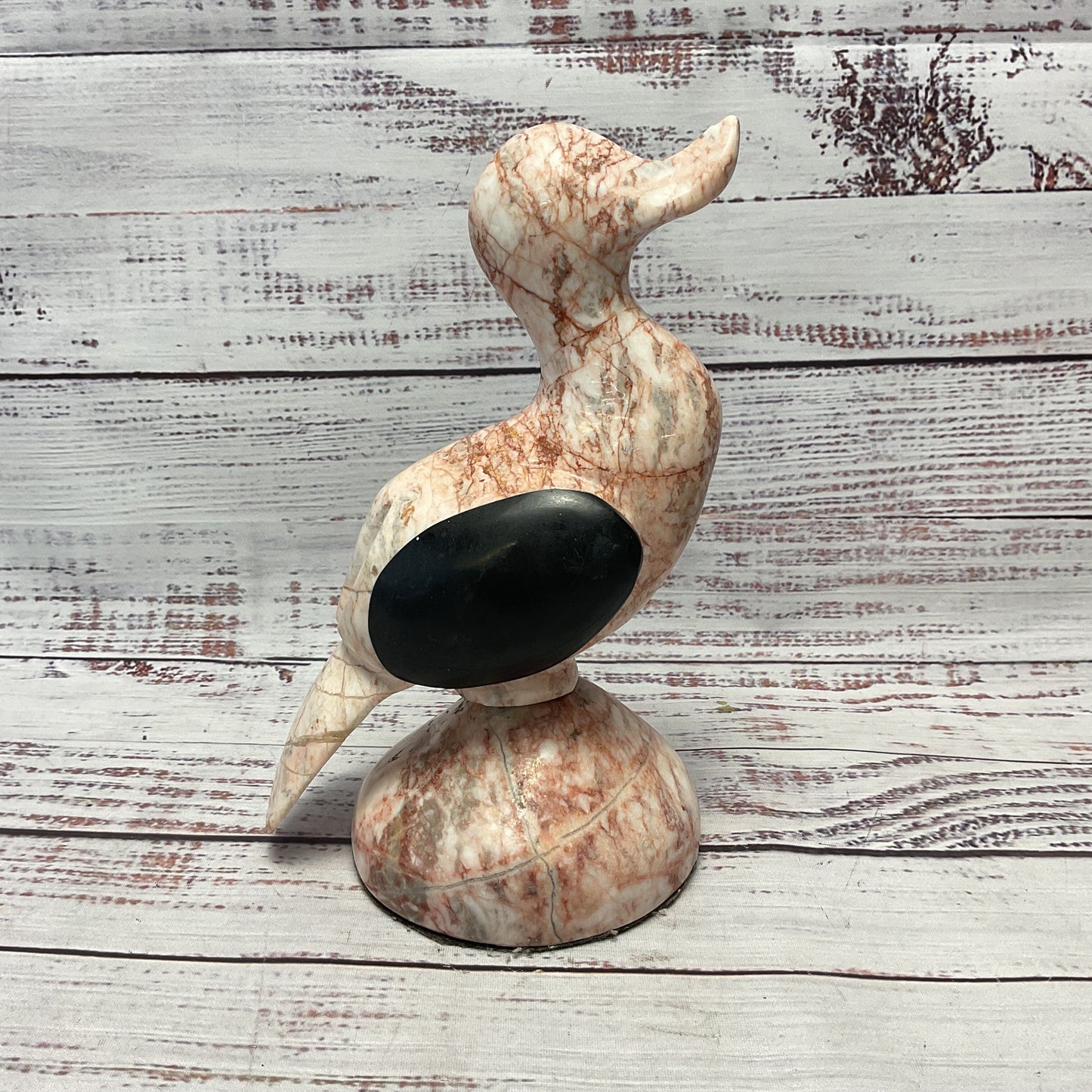 Pink Marble Carved Duck Black Stone Wings On Pedestal 7.5"