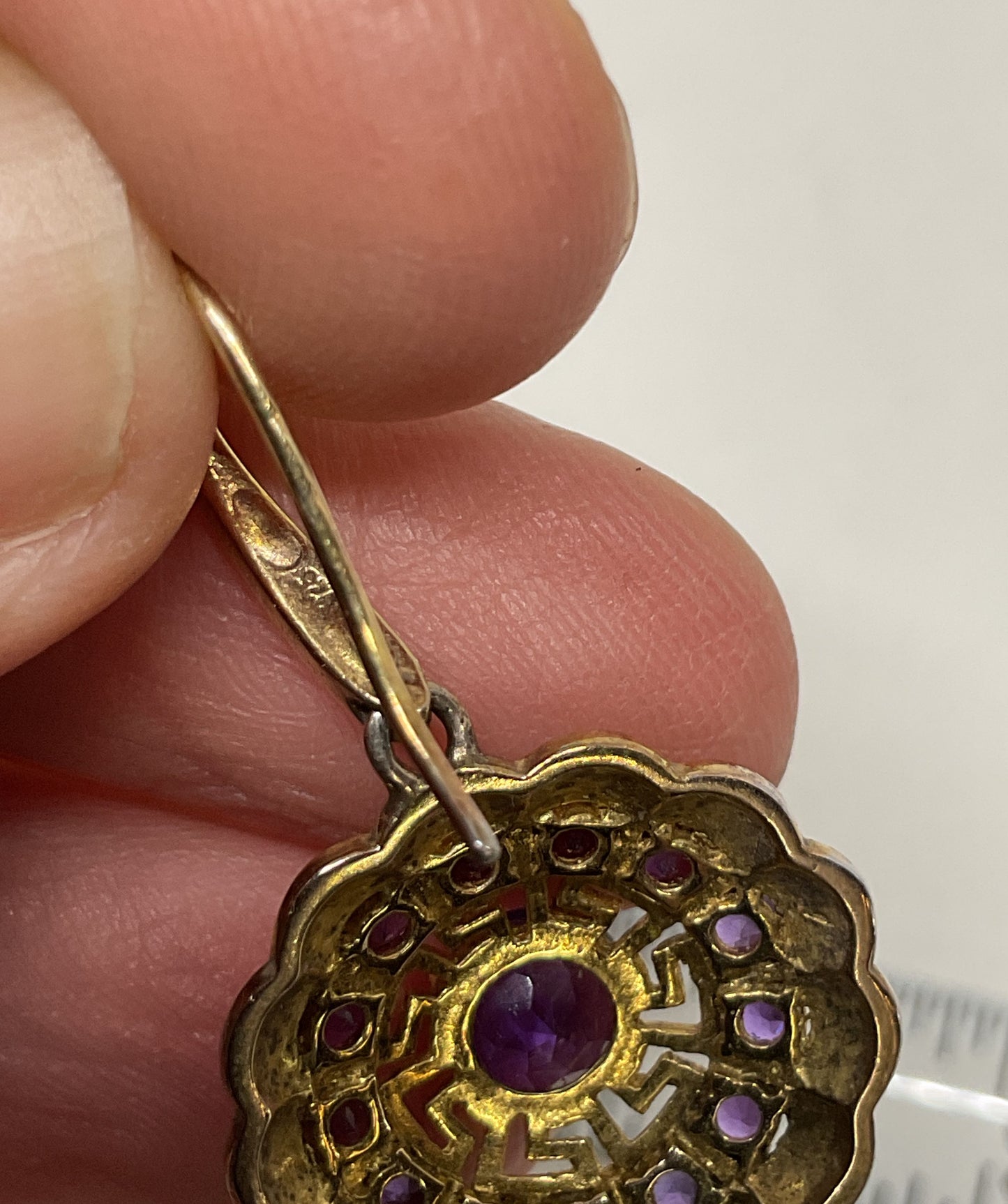Gold Tone Sterling Silver Drop Earrings with Purple Amethysts