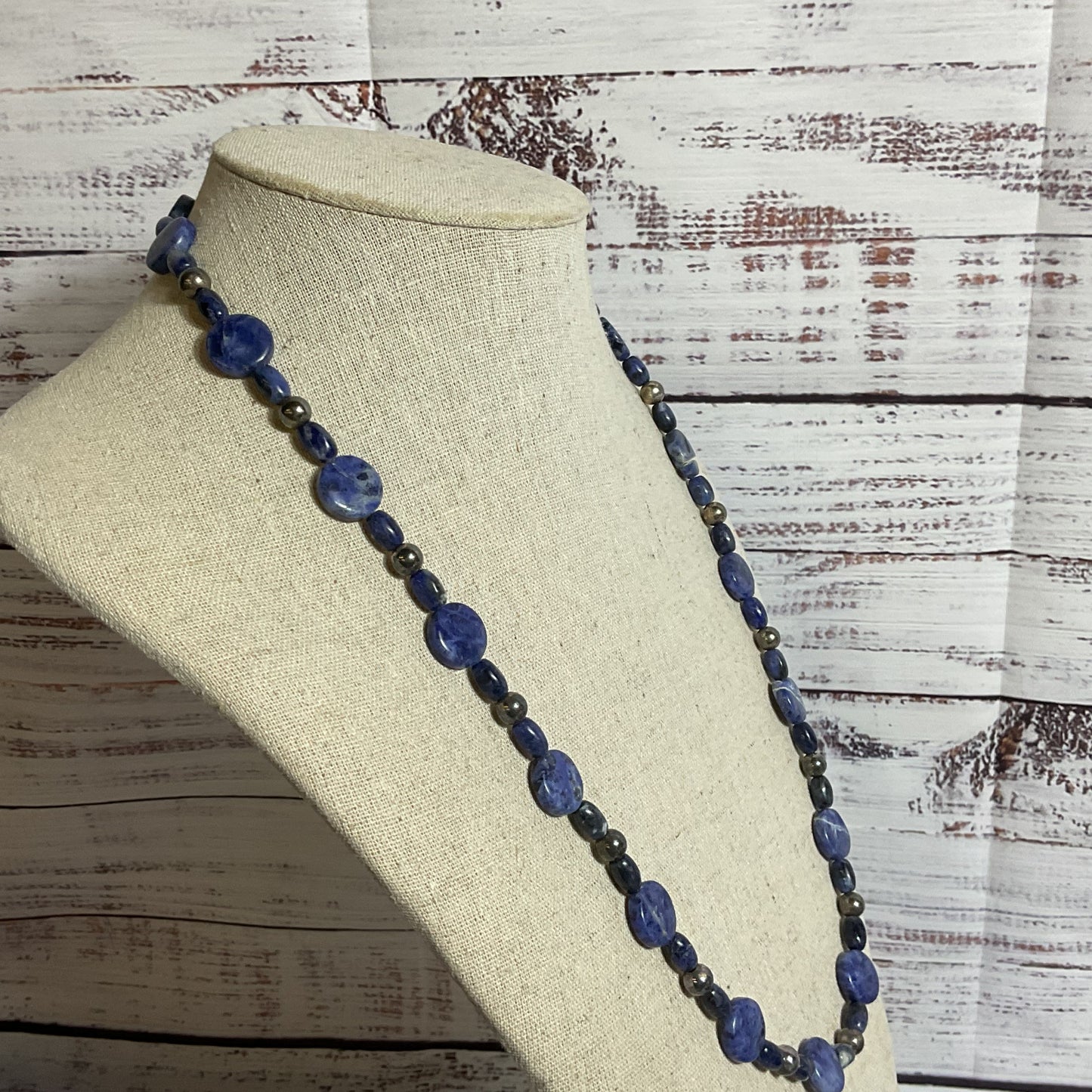 Sterling Silver Disc and Tubular Lapis Beaded 27" Necklace