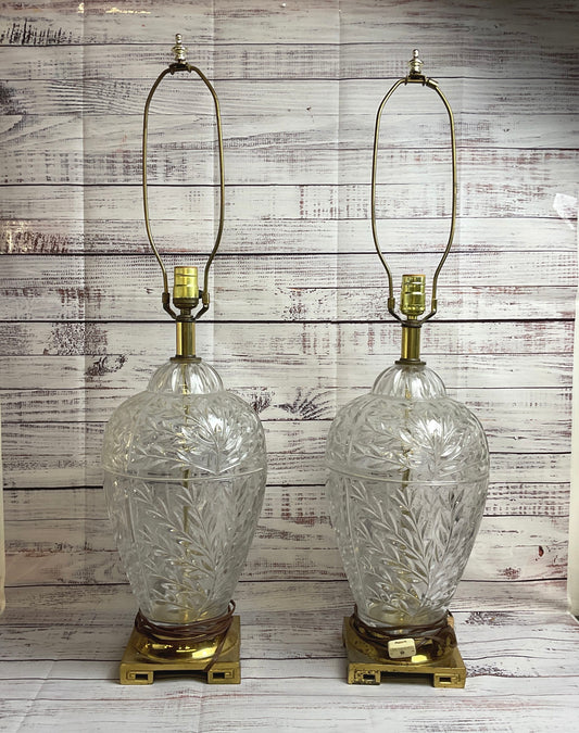 Vintage Pair Of Hollywood Regency French Style Cut Crystal Bulbous Table Lamps