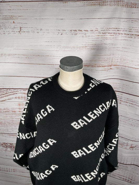 Balenciaga Sweater All Over Logo Wool Knit Pullover Size XL Black