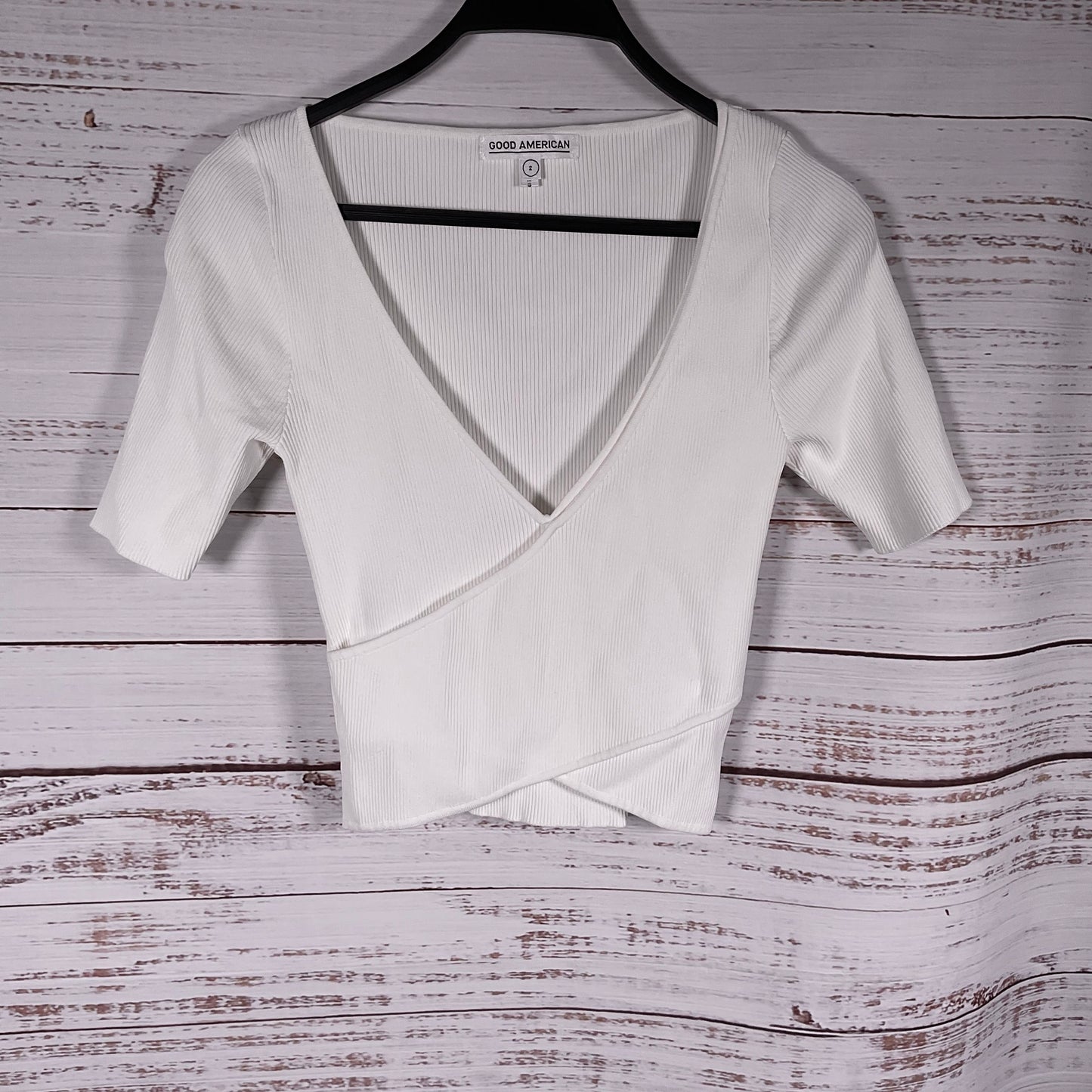 Good American Criss Cross Wrap Style Rib Knit Short Sleeve Top - Size 2