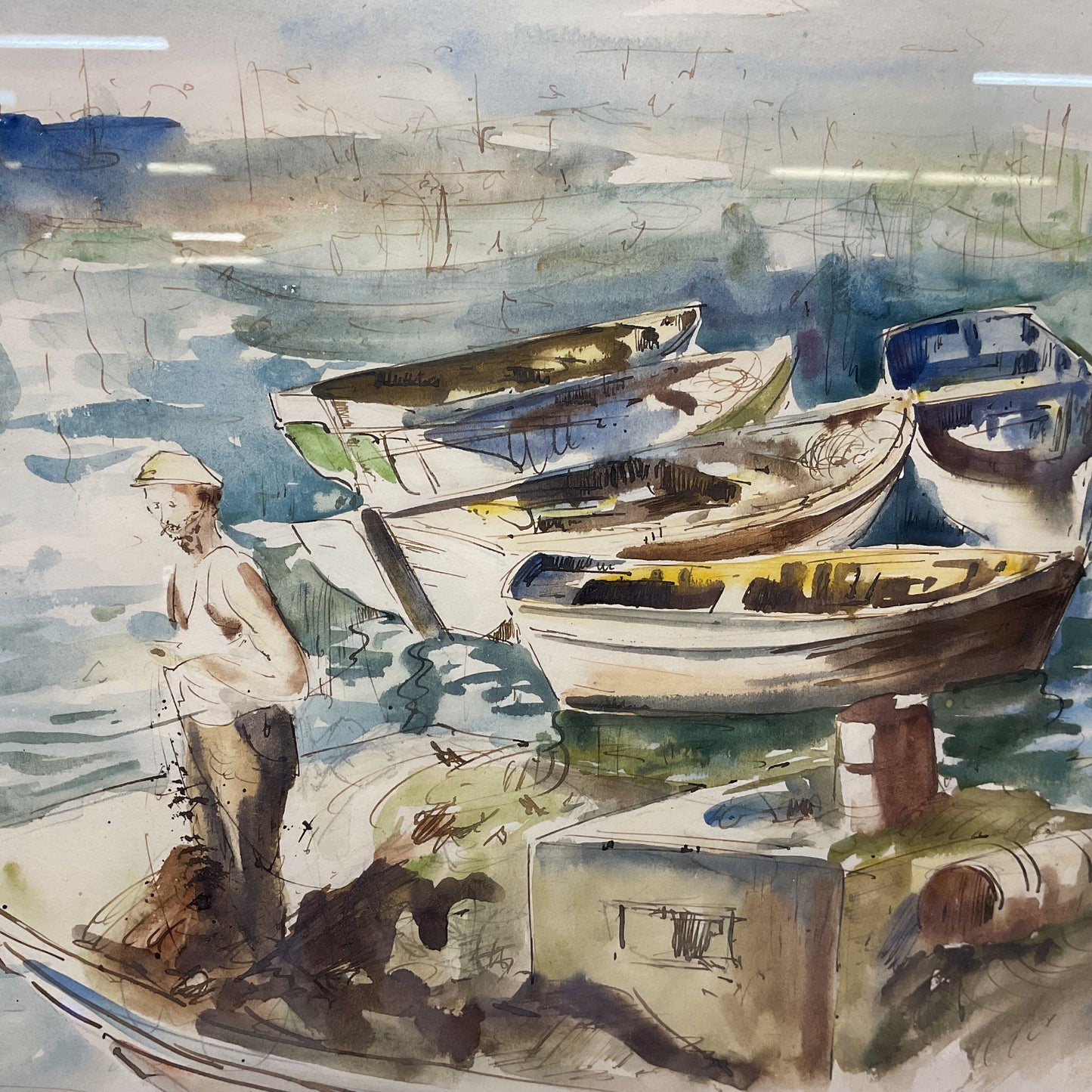 Fisherman Standing On Boat Watercolor Painting by G. Pimenta? Signed.