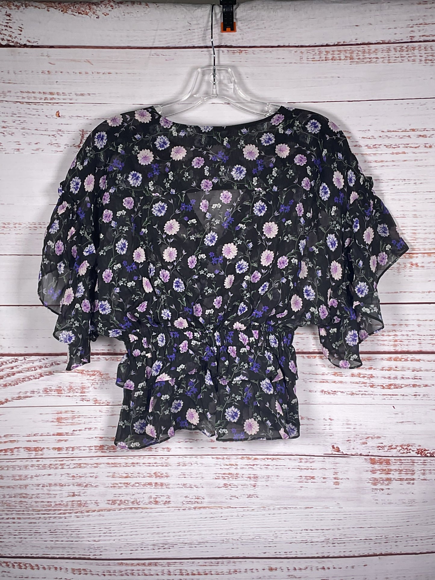 The Kooples Black Purple Flower Sheer Short Sleeve - Size 1