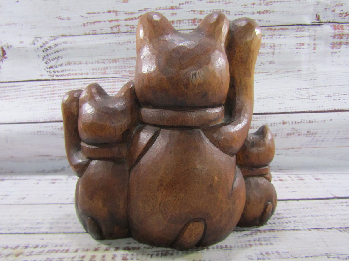 Vintage Hand Carved Wooden Maneki Neko Family Figurine