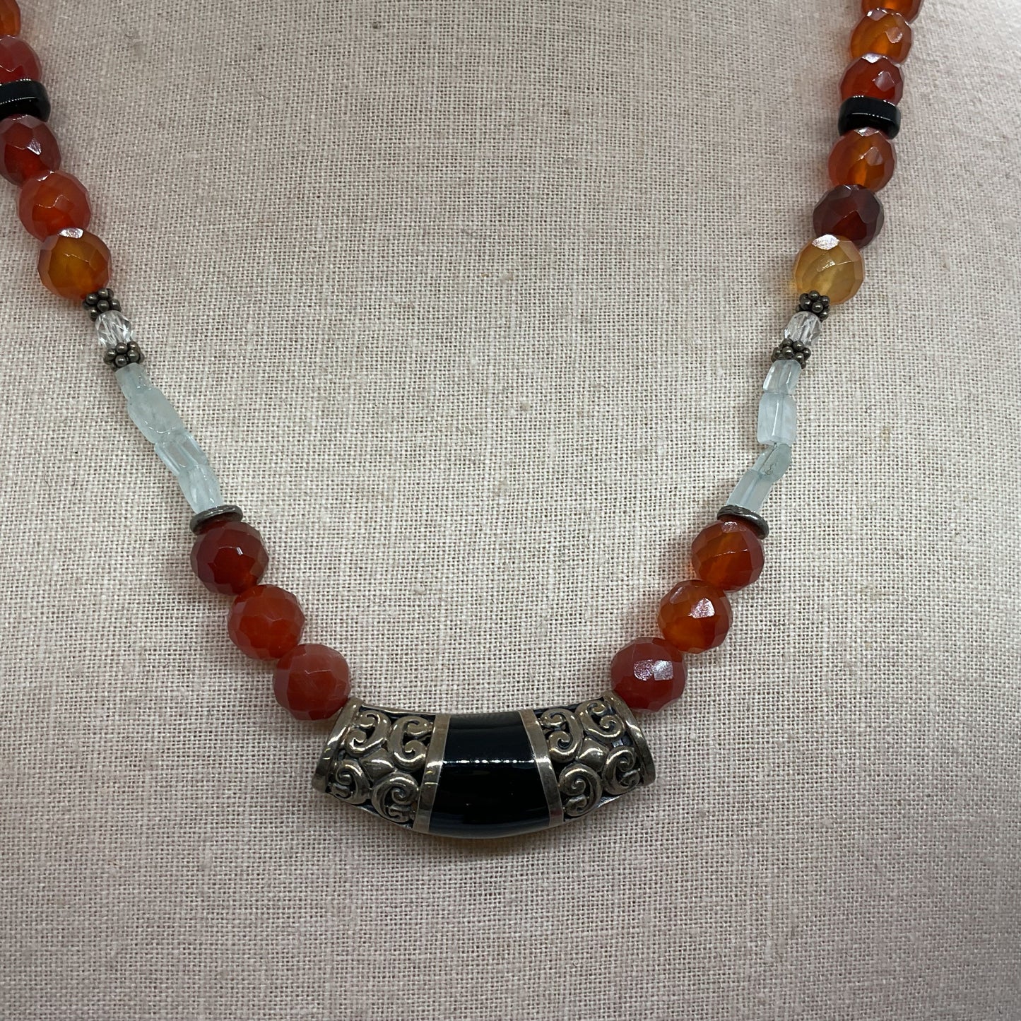 Sterling Silver Gemstone Onyx & Aquamarine Beaded Necklace- 19"