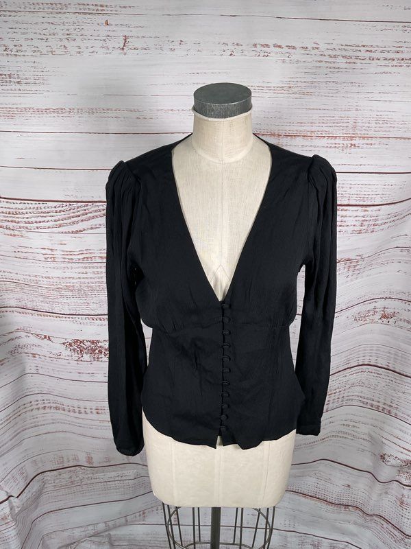 NWT Reformation Women's Black Viscose Blend V-Neck Long Sleeve Blouse Size XL