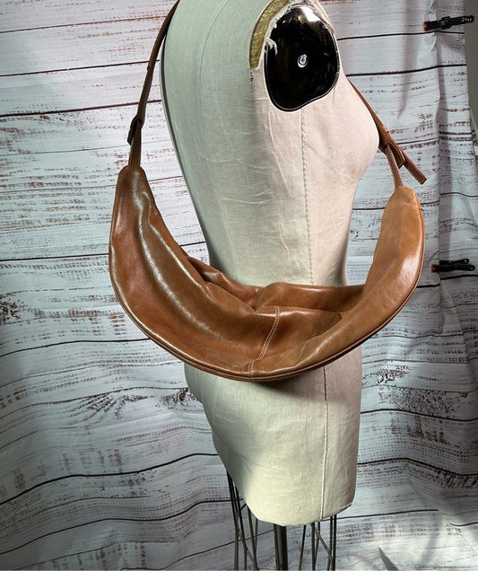 Women's Staud Moon Shape Brown Leather Shoulder Handbag AS IS