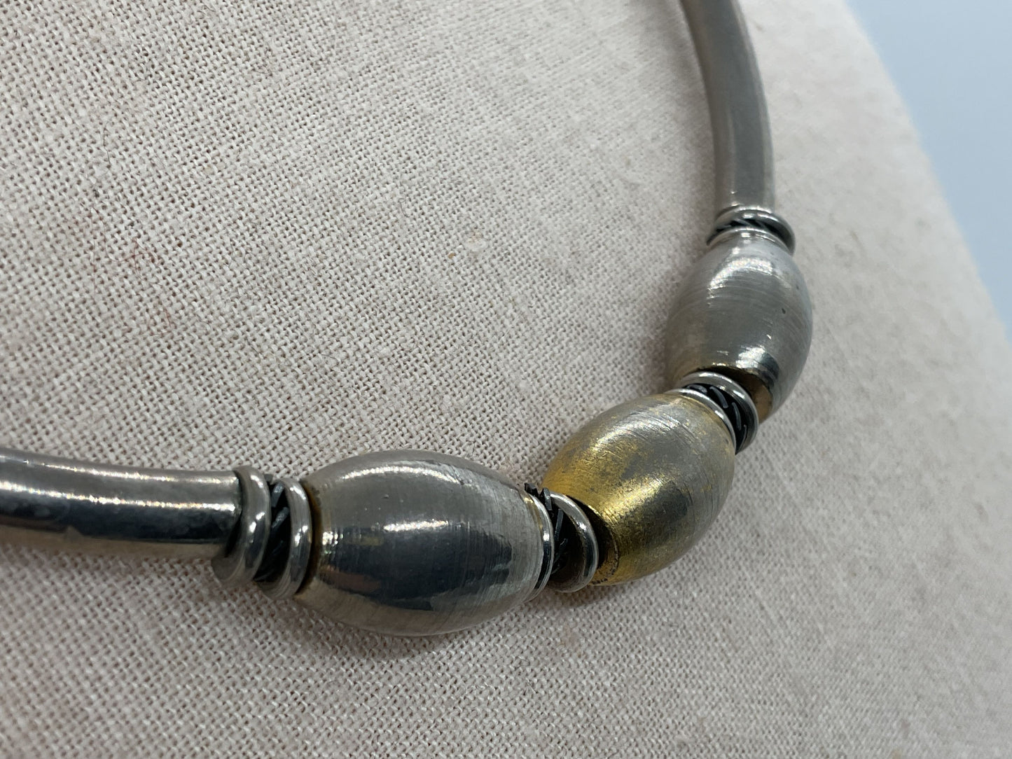 VTG. 70s Bar and Bead Stainless Steel and Brass Necklace- 16"