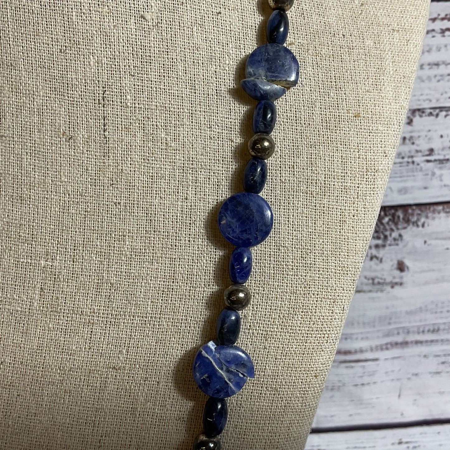 Sterling Silver Disc and Tubular Lapis Beaded 27" Necklace
