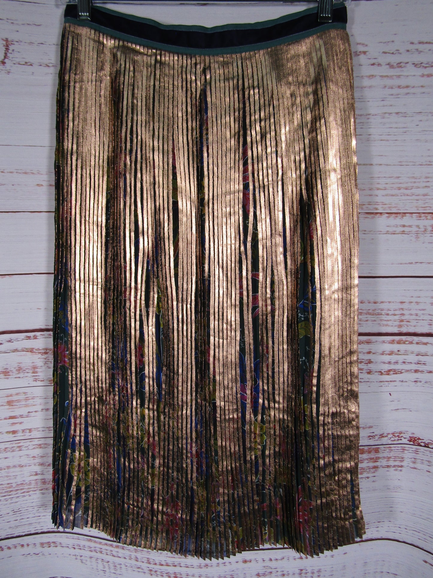 Maeve by Anthropologie Women's Metallic Gold Pleated Floral Print Skirt Size 4