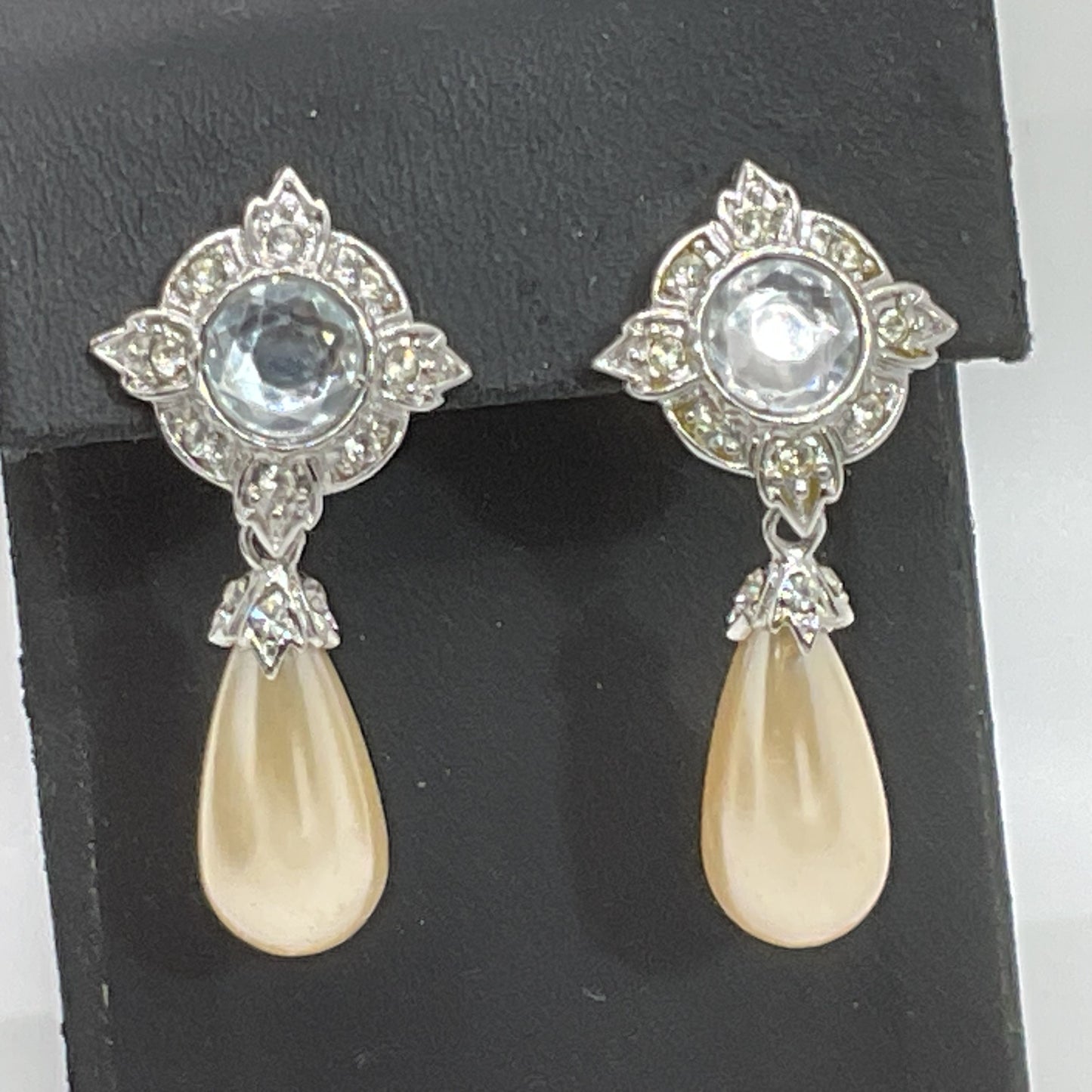ALANA STEWART Silver Tone Faux Teardrop Pearl and Rhinestone Dangle Earrings