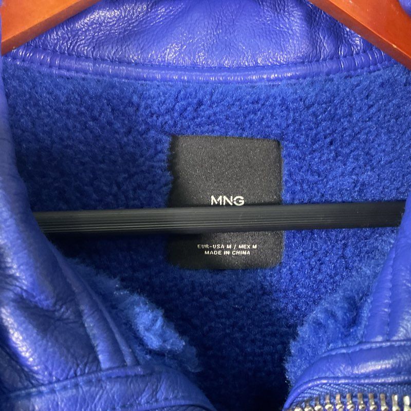 Mango Blue Faux Leather & Shearling Collar Full Zip Jacket - Size M