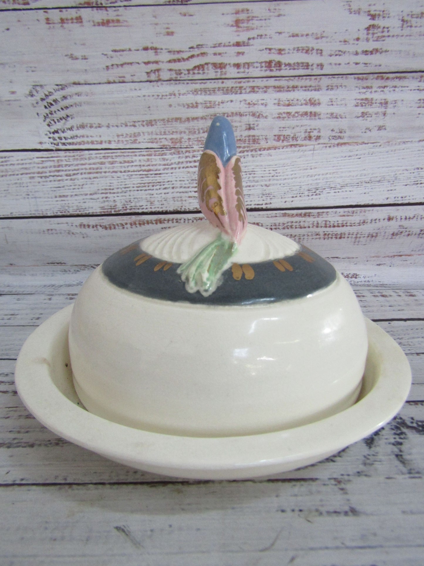 Vintage Artist Signed Handcrafted Parrot Motif Covered Butter / Cheese Plate