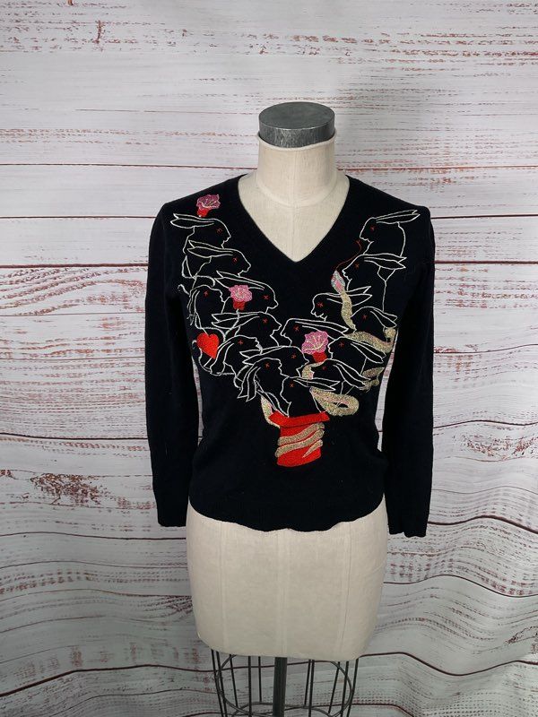 Mala Brajkovic Women's Rabbits out of the Hat Embroidered Wool Sweater Size 10