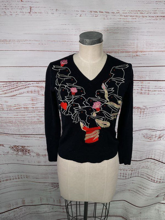 Mala Brajkovic Women's Rabbits out of the Hat Embroidered Wool Sweater Size 10