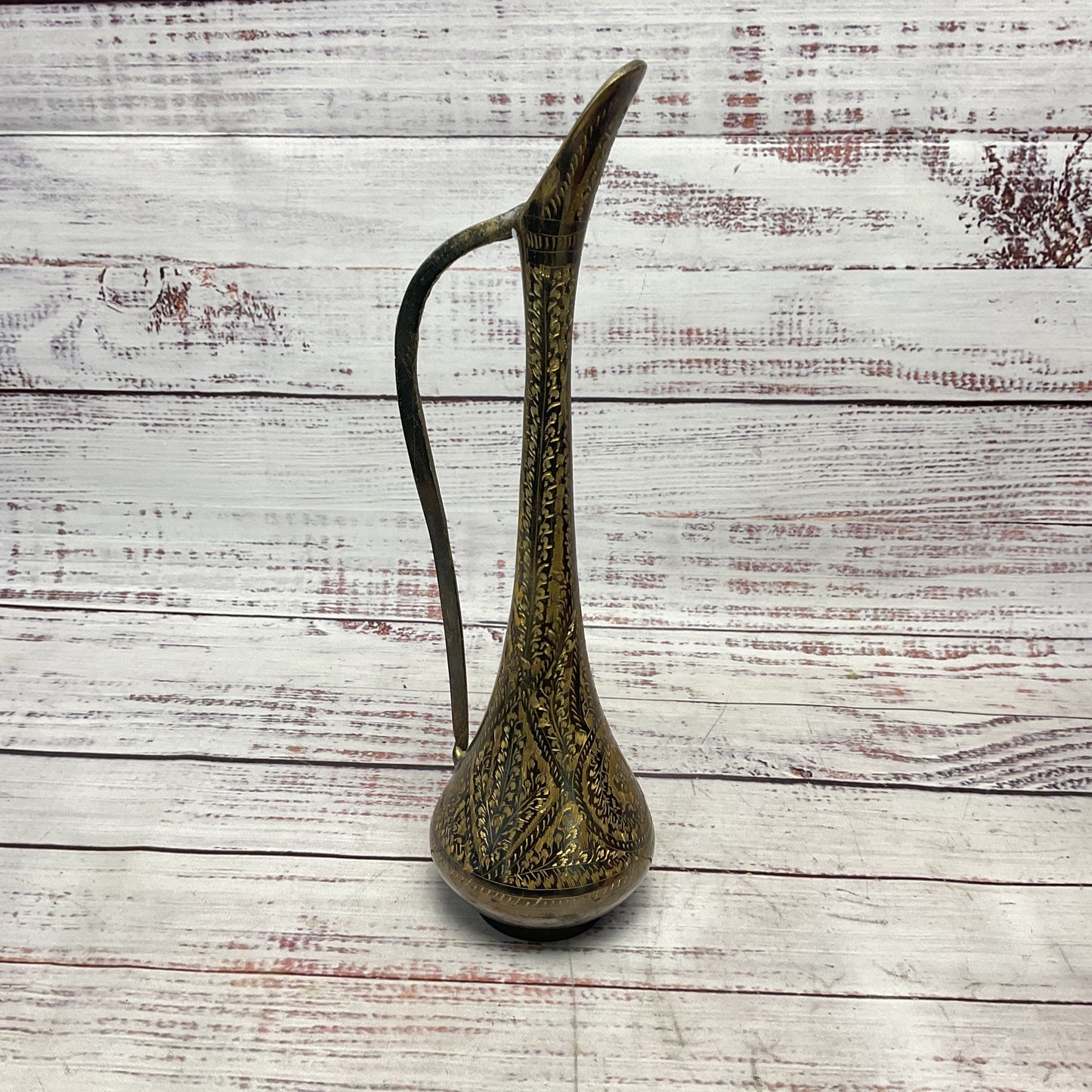 Darkened Brass Hand Engraved 10" Pitcher Vase